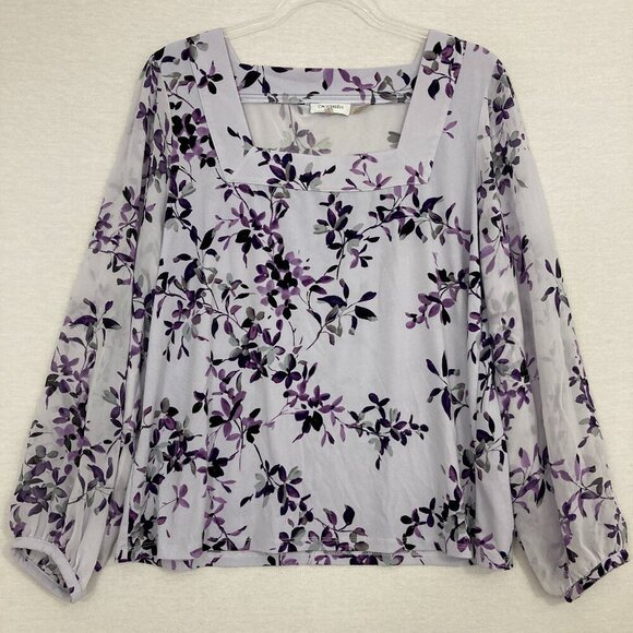 Calvin Klein Purple Floral Square Neck Puff Sleeve Blouse Large Office - Picture 1 of 10